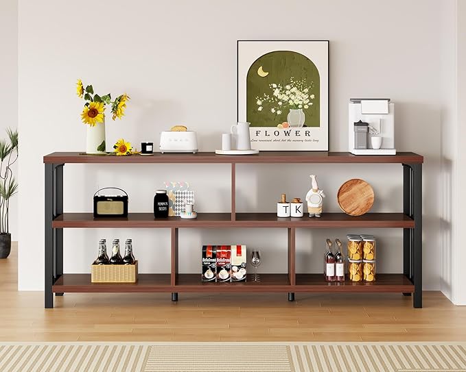 IBF Long Bookshelf, 63” Wide Low Open Book Shelf, Industrial 5 Cube Horizontal Bookcase for Bedroom Home Office, 3 Tier Wood Metal Cubby Storage Organizer Shelf for Living Room, Walnut, 63 Inch