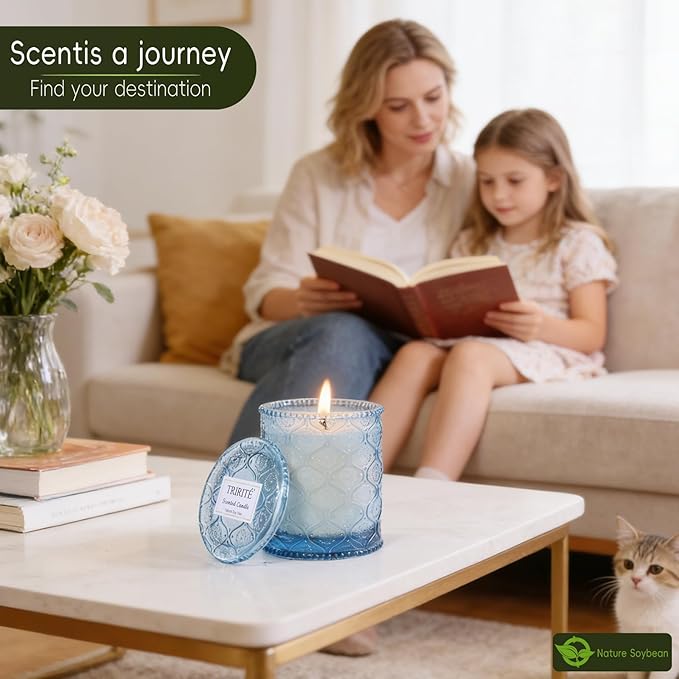 Blue Ocean Scented Candles for Women, Vegan Soy Wax Jar Candles, 50-Hour Burning Time, No Toxin Subtle Scented Home Fragrance for Summer Bathtub Aromatherapy Calming, Gifts for Women & Men
