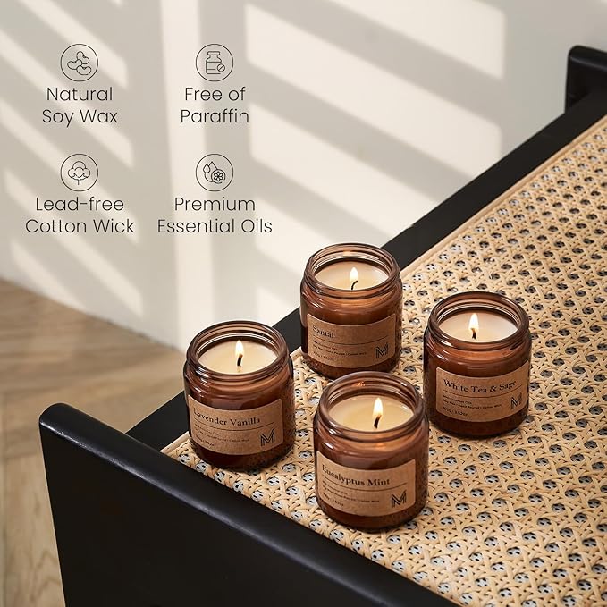 M&SENSE 4 Pack Christmas Candle Gift Set, Aromatherapy Candle Gift for Men and Women, Soy Wax Candles Home Scented, Long Lasting Amber Jar Xmas Candles for Christmas, Thanksgiving, Holiday