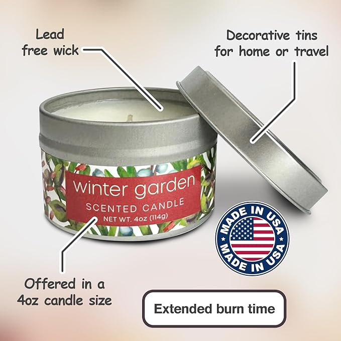 Greenwich Bay Hand-Poured Scented Candle in Decorative Tin – 4 oz/114 g Travel Candle with Lead-Free Wick, Vegetable Wax, Long-Burning Aromatherapy Gift, Single Wick – Made in USA (Winter Garden)