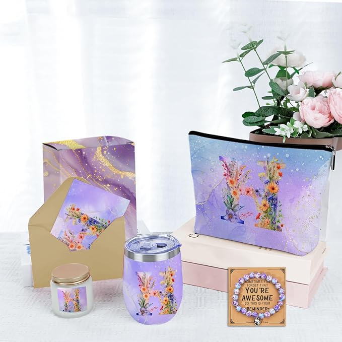 Personalized Gifts Monogrammed Birthday Gifts for Women, Bridesmaid Bachelorette Party Christmas Initial Wine Tumbler Makeup Bag Scented Candle Bracelet Set, (Aesthetic Purple Flower H)