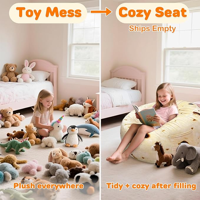 Lukeight Burrito Stuffed Animals Storage Bean Bag Chair Cover Only (Ships Empty, No Filling) - Velvet YKK Zipper Beanbag Cover for Big Kids Teens, Washable Plush Toy Organizer, XX-Large 36" D x 20" H