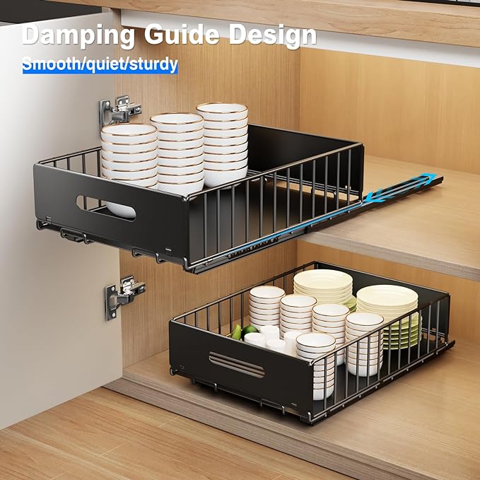 2 Pack Pull Out Cabinet Organizer, Slide Out Drawers for Cabinets, Peel and Stick, Heavy Duty Shelves for Kitchen, Cupboard, Pantry, Bathroom (16.5"D*11.8"W*3.94"H-Black)