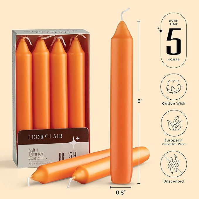 Leor & Lair 6 Inch Orange Taper Candles – Pack of 8 Orange Candlesticks with Cotton Wick – 5 Hour Burn Mini Candle Sticks for Fall Decoration & Halloween Celebrations