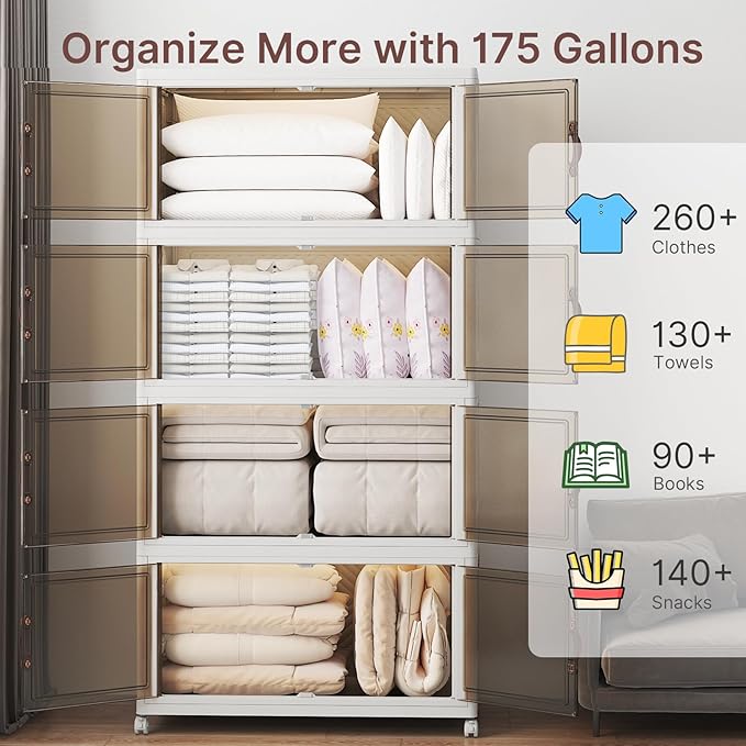 Stackable Storage Bins with Lids, 700QT Closet Organizers and Storage with Doors and Wheels, Extra Large Storage Cabinet, Collapsible Plastic Drawers for Bedroom Dorm Office Garage