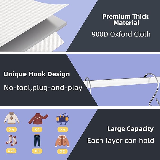 Twira 6-Shelf Hanging Closet Organizer, 2 Separable 3-Shelf Hanging Shelves, Hanging Storage with 3 Removanle Drawers 4 Side Pockets for Wardrobe, Nursery, Drom, Baby Clothes Organization White