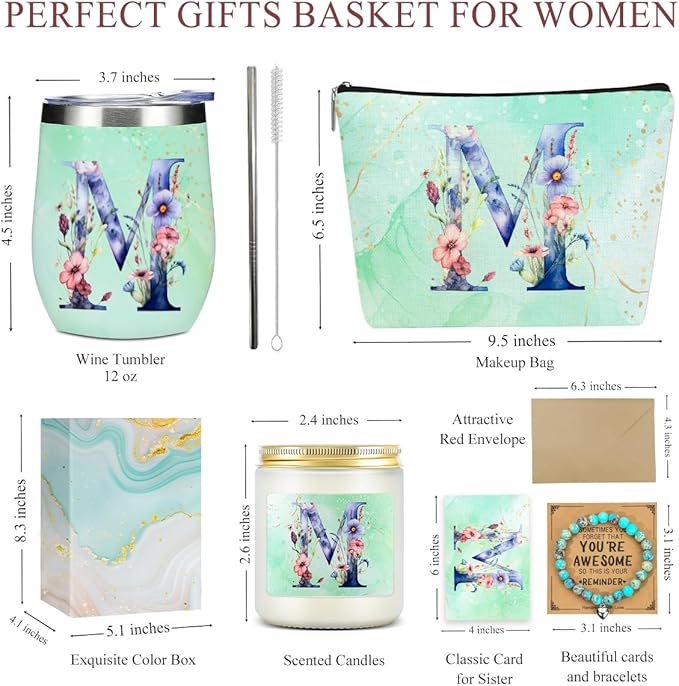 Personalized Gifts Monogrammed Birthday Gifts for Women, Her, Teacher Mother in Law Wedding Christmas Initial Wine Tumbler Makeup Bag Scented Candle Bracelet Set, (Aesthetic Green Flower M)
