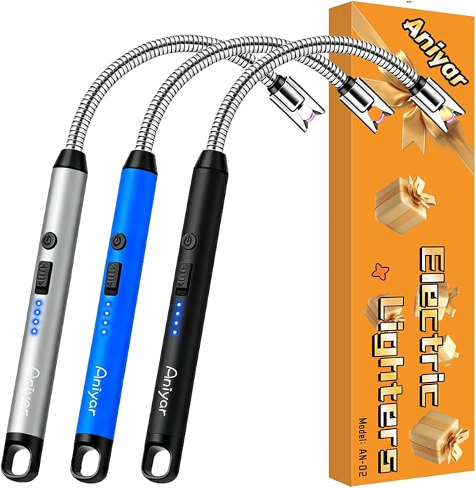3 Pack Electric Lighter with 360° Flexible Neck & LED Display, Birthday Gifts for Women Mom Men Wife, USB Arc Long Candle Lighters for Candle Black/Silver/Blue