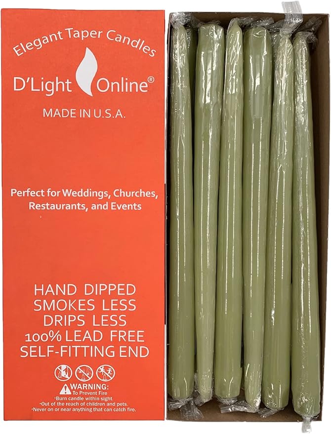 D'light Online Elegant 12" Sage Green Taper Candles Premium Quality Candles, Hand-Dipped Tapered Candles, Dripless and Smokeless - Set of 12 Individually Wrapped (12 Inch, Willow Green)
