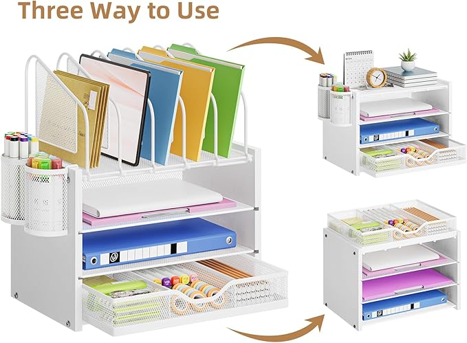 Marbrasse Desk Organizer with Drawer, 4-Tier Wooden File Organizer with 5 Vertical File Holders and 2 Pen Holders, Desk Organizers and Accessories for Home Office - White