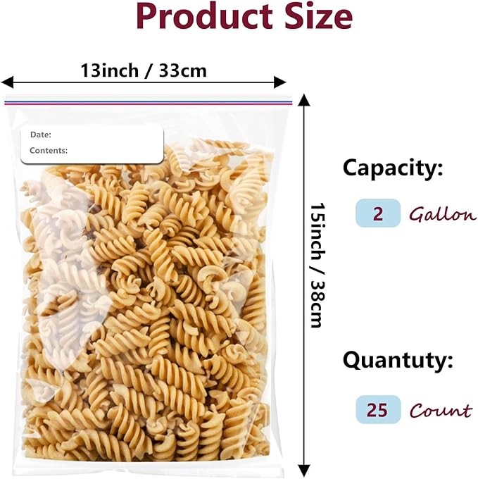 Large Plastic Bags With Zipper Top and Writable White Block, 2 Gallon,13x15in,2-Mil Thick,25 Pack,Storage Bags for Clothes,Travel, Moving, Reusable,Heavy-Duty,BPA-Free, Clear Plastic