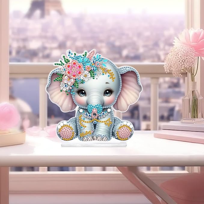 antor DIY Diamond Painting Desktop Ornament Kit, Acrylic Tabletop Diamond Art Decoration, Special Shape Crystal Diamond Painting Figurine Ornaments DIY Crafts Gift, Elephant with Floral Crown