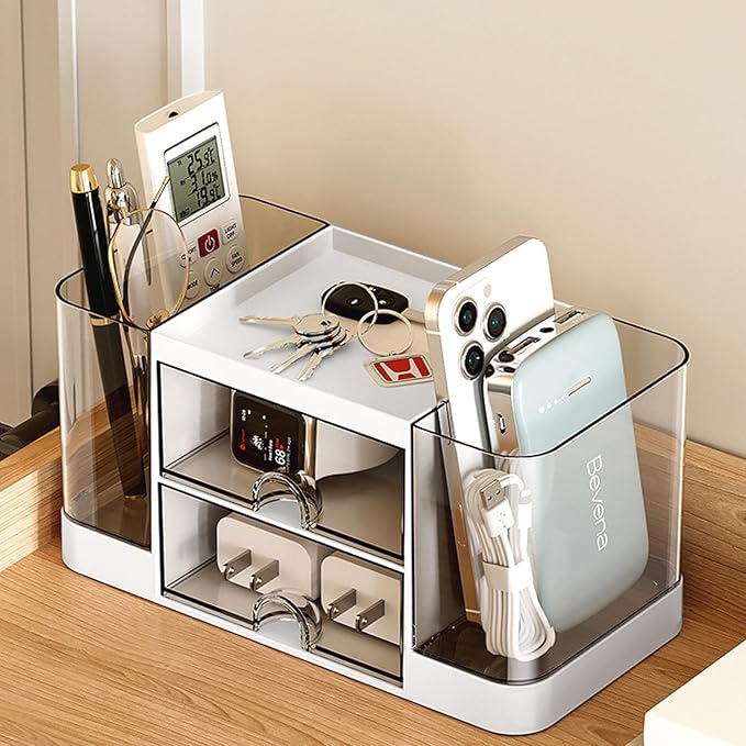 Desk Organizer with Pen Holder and 2 Drawers, Office Organizer, Desktop Organizer for Desk, Office, School, Home (White)