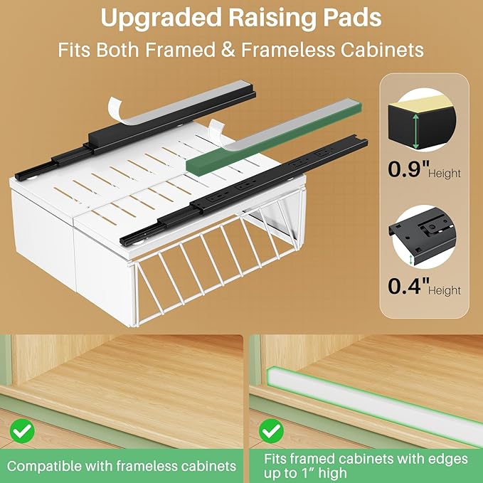Pull out Cabinet Organizer, 1-Pack Expandable Width(9.8"-13.8") Heavy Duty Slide out Drawers with Raising Pad for Framed Cabinets, Adhesive Roll Out Shelves for Pantry, Kitchen,Bathroom Storage(White)