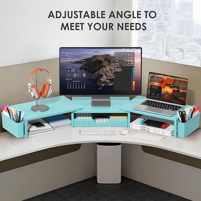 OPNICE Desk Organizers and Accessories, Dual Monitor Stand Riser with Drawer and 2 Pen Holders, Desk Shelf Metal Computer Monitor Stand for Office Workspace Organizers, Desktop Organization (Blue Metal)