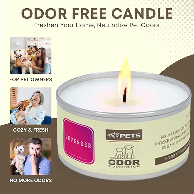 Pet Odor Candle for Dogs and Cats Long-Lasting 72-Hour, Odor Eliminating Candles Burn Natural Soy Wax with Refreshing Scent, Scented Candle to Remove Pet Smells (Lavender)