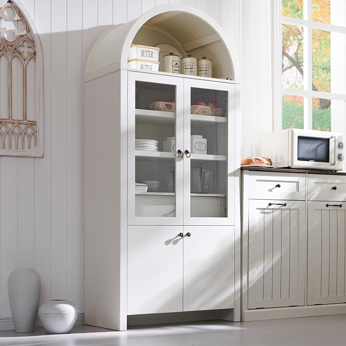 71" Tall Arched Kitchen Pantry Cabinet, Modern Farmhouse Kitchen Storage Cabinets with Open & Adjustable Shelves, Hidden Drawer & Glass Door, Versatile Cupboard for Kitchens, Dining Room, White