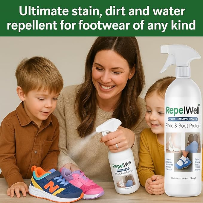 RepelWell Shoe & Boot Stain & Water Repellent (24oz) Eco-Friendly, Pet-Safe Spray Keeps Fabric, Leather & Suede Clean & Dry