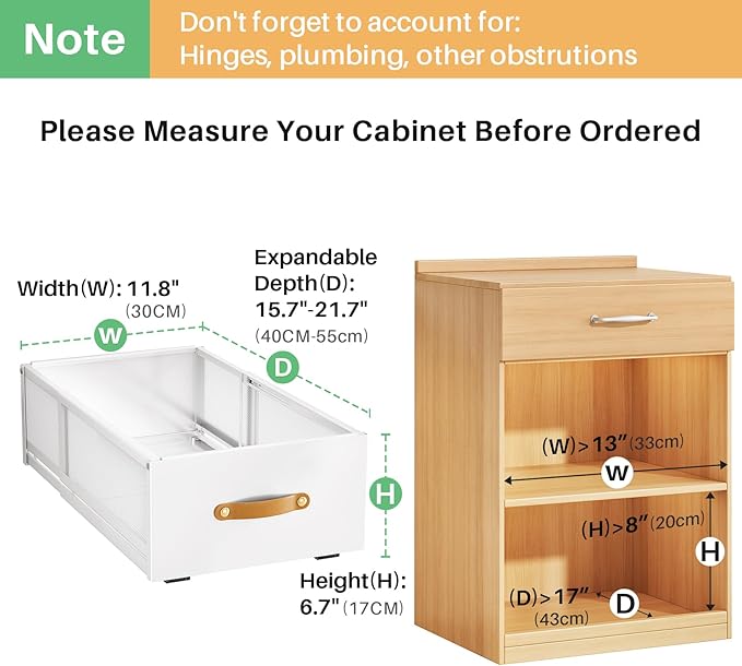 Pull out Cabinet Organizer, Expandable Depth(15.7"-21.7") with Raising Pad for Framed Cabinets, Heavy Duty Slide out Drawers, Adhesive Roll Out Shelves for Kitchen, Pantry Storage(White, 1-Pack)