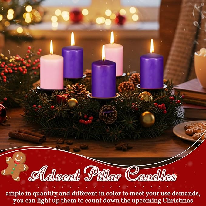 Amylove 8 Pcs 3 x 4 Inch Advent Pillar Candles Set Pink Purple Christmas Unscented Lasting Burning Church Candles for Advent Wreath Holiday Gifting