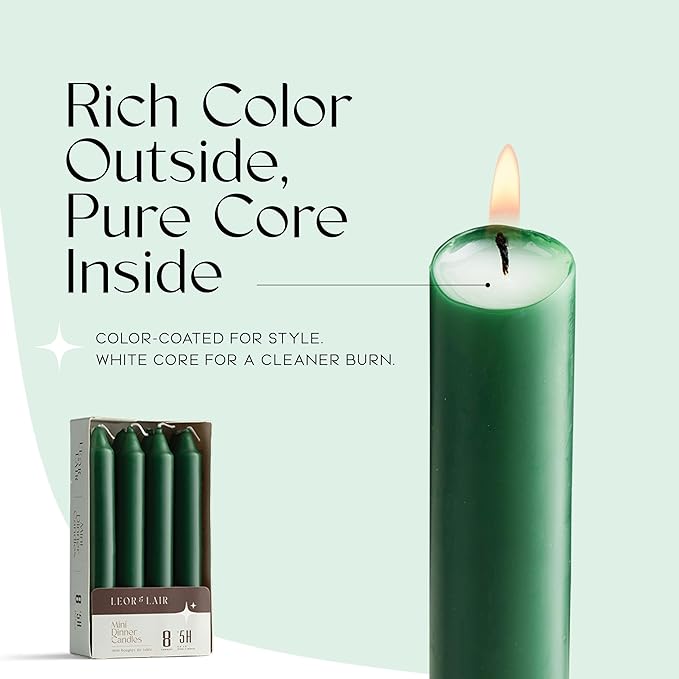 Leor & Lair Dark Green Candlesticks – Pack of 8 Mini Taper Candles with Cotton Wick – 5 Hour Burn 6 Inch Candles for Christmas, Holiday Tables & Natural Home Décor