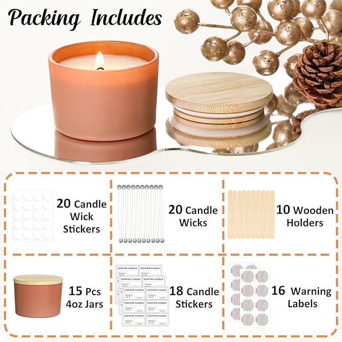 SUPMIND 4oz Fall Candle Jars 15 Pack, Small Wide Mouth Glass Empty Candle Jars with Bamboo Lids for Making Candles, Bulk Candle Container with Wick Kit, Ideal for Candle Business Owners