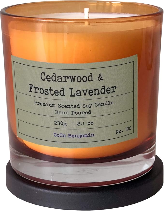 100% Natural Soy Wax Candle by CoCo Benjamin - Highly Scented & Hand-Poured Luxury Candle (Cedarwood & Frosted Lavender) - Clean Burning Cotton Wick