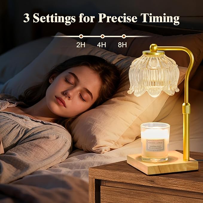 Shevvi Candle Warmer Lamp with Timer, Dimmable Candle Warmer for Jar Candles, Gifts for Women Mom, Height Adjustable Wax Melt Warmer, House Warming Birthday Gift, New Home Decor, Natural Wood