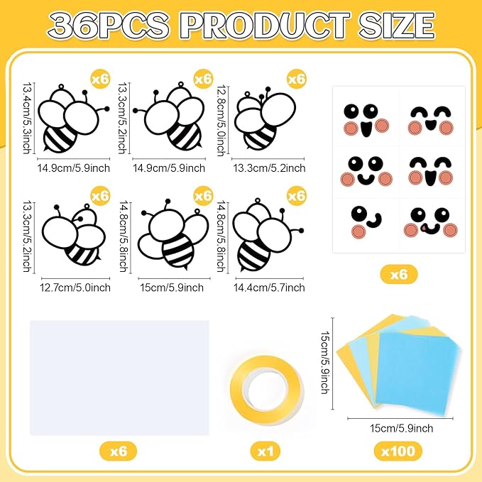 Qyeahkj 36 Set Spring Bee Suncatchers Crafts for Kids DIY Insect Bug Window Tissue Paper Craft Kit Hanging Decor for Classroom Home Activity Art Project Birthday Party Favor