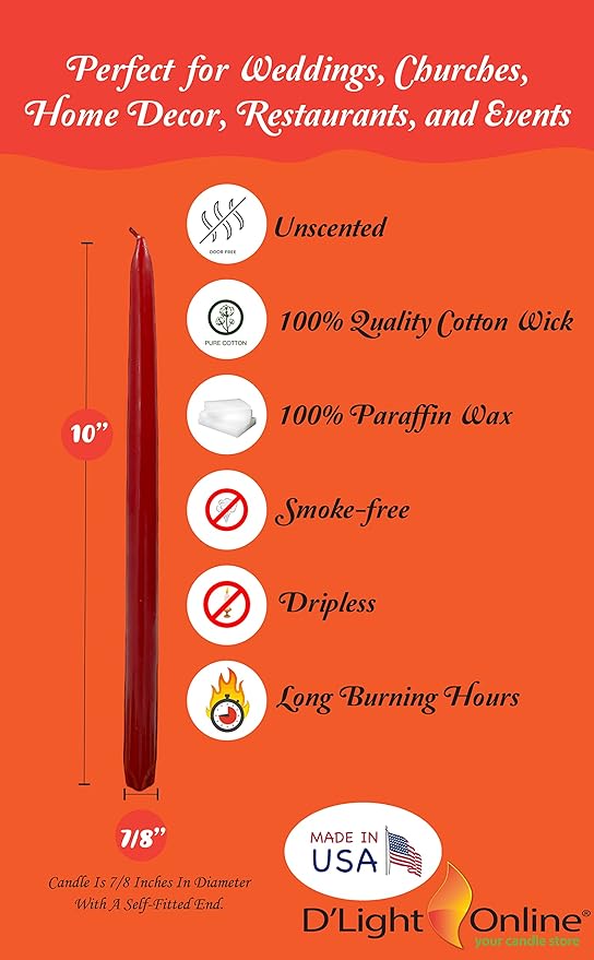 D'light Online Elegant 10" Unscented Pomegranate Red Taper Candles, Premium Quality Hand-Dipped Tapered Candles, Dripless and Smokeless - Set of 12 Individually Wrapped (10 Inch, Pomegranate)