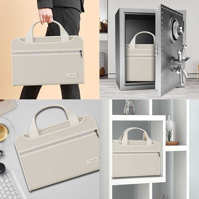 Fireproof Accordion File Organizer with Handle, 13 Pocket Expanding File Folder with Zipper & Labels, File Folder with 3 Ring Binder, Multi Pockets Paper Organizer Folder for Letter A4 Files (Beige)