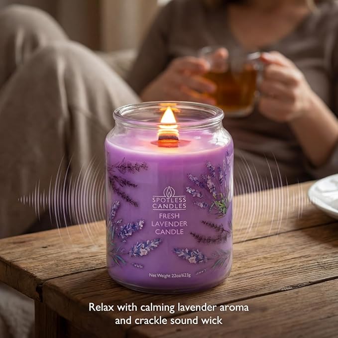 Fresh Lavender Candle 22oz Glass Jar with Wooden Wick in a Decorated Jar Within a Presentation Gift Box and Protective Shipping Box