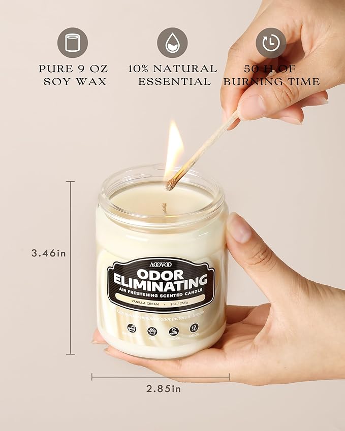 AOOVOO Vanilla Cream Odor Eliminating Highly Fragranced Candle - Eliminates 95% of Pet, Smoke, Food, and Other Smells Quickly, Non Toxic Air Freshing Soy Candle, 9 oz Up to 50 Hours Burn time
