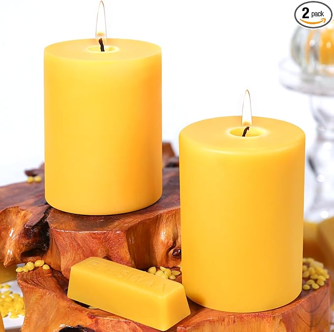 2 Packs 3" x 4" Natural Beeswax Pillar Candles,120 Hours Long Burning Emergency Candles 100% Pure Beeswax Candle,Blessed Bees Wax Candles for Home Room Paryer Parties,Smokeless & Dripless