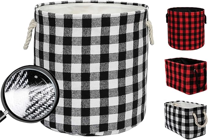 Round Collapsible Storage Organizer Bins Buffalo Checked Baskets with Woolen Fabric Kid's Pet's Toys and Accessory Storage Bins for Home Decor, White Black Grid, M