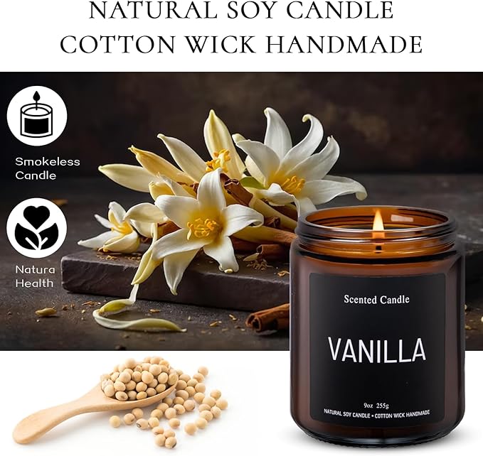Luxury Vanilla Scented Candles Gift Set-100% Natural Soy Wax, 50H Clean Burn, Hand-Poured, Relaxing Aromatherapy for Home, Bedroom,Yoga&Spa, 9oz-255g
