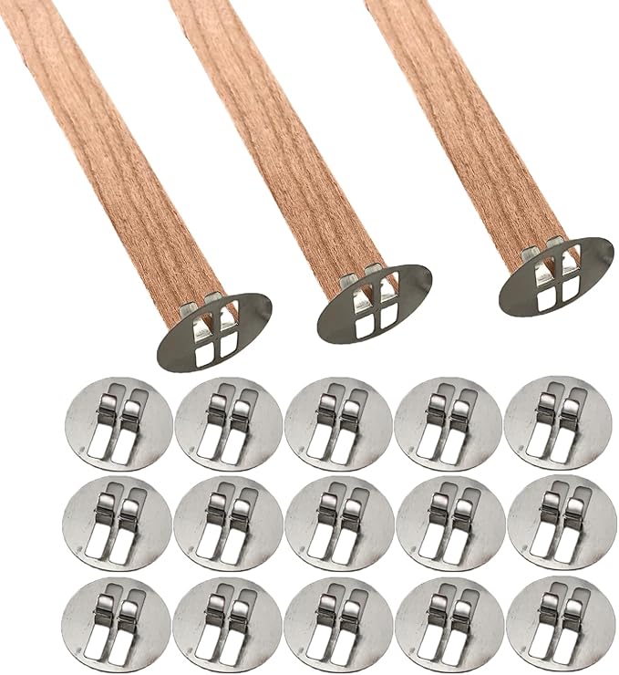 100 Wick Clips & 100 Wicks Stickers Stainless Steel Wick Holders for Candle Making Wooden Wick Base for Candle Making Universal Wood Wick Clips Wooden Wick Clips for Candle（Wicks not Included
