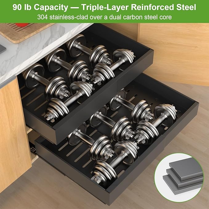 ANTOWIN 2-Pack Expandable Pull Out Cabinet Organizer 21"Deep(12.2"-20.5"W), 3 Full Extension Glides Slide Out Drawers, Roll Out Shelves Adhesive Raising Pad,Compatible Framed Cabinets,90lb Cap,Black