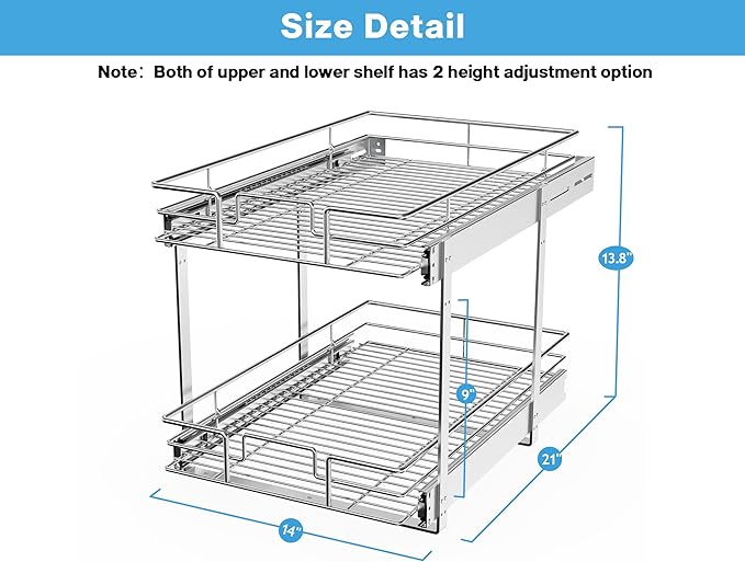 LOVMOR Individual Pull Out Cabinet Organizer, 2 Tier Cabinet Drawers Slide Out, Pots and Pans Organizer and Storage Pantry Shelf for Kitchen (14" W x 21" D)
