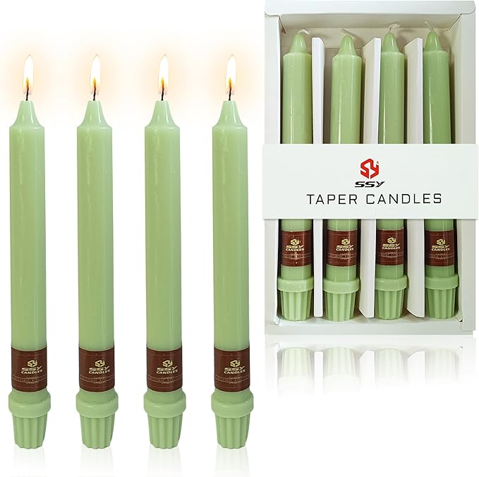 Green Taper Candle 8 Inch Long Candlesticks Unscented Dripless Tapered Candle Set for Home Decor Wedding Party Dinner Candles, 4 Pack