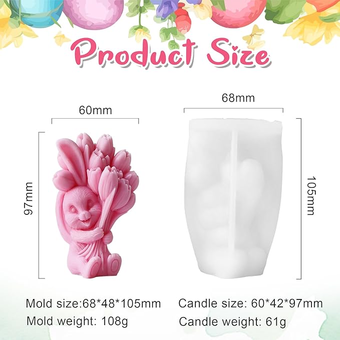 Rabbit with Tulip Silicone Candle Mold, 3D Flower Animal Shape Mold for Candle Making, Wax Resin Soap Casting Mold