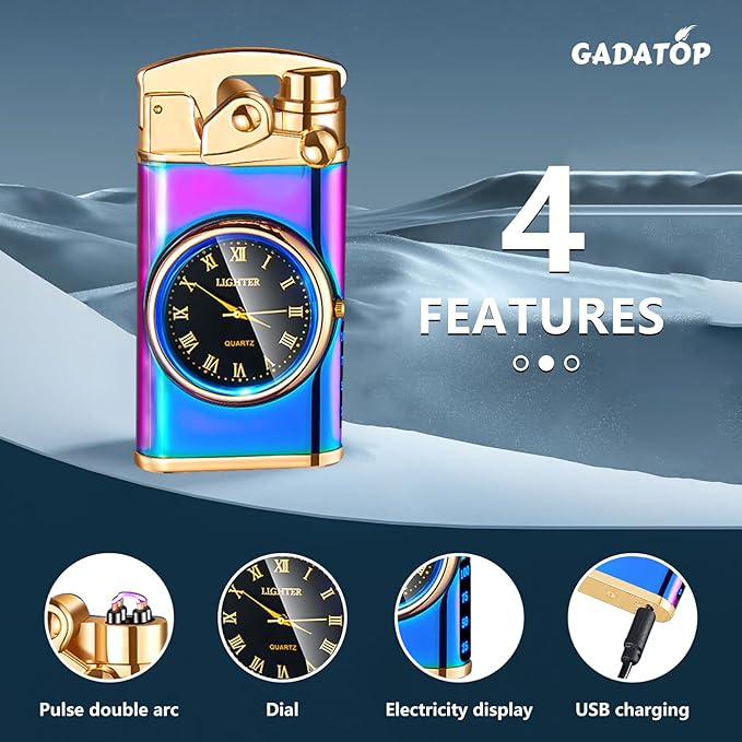 GADATOP Electric Lighter Rechargeable USB Lighter Flameless Windproof Lighter Personalized Creative Rocker Double Arc Plasma Lighter with Luminous Dial LED for Men and Women Gifts (Color Ice)