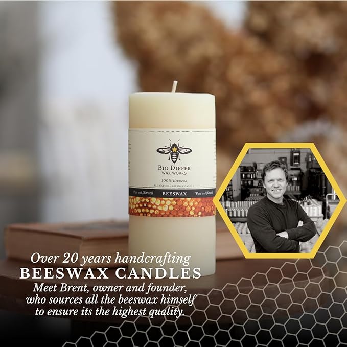 Big Dipper Wax Works Large Ivory Beeswax Pillar Candle 3" x 6" – 90-Hour Burn, Non-Toxic, Dripless, Handcrafted in USA, Clean Burning with Natural Honey Scent