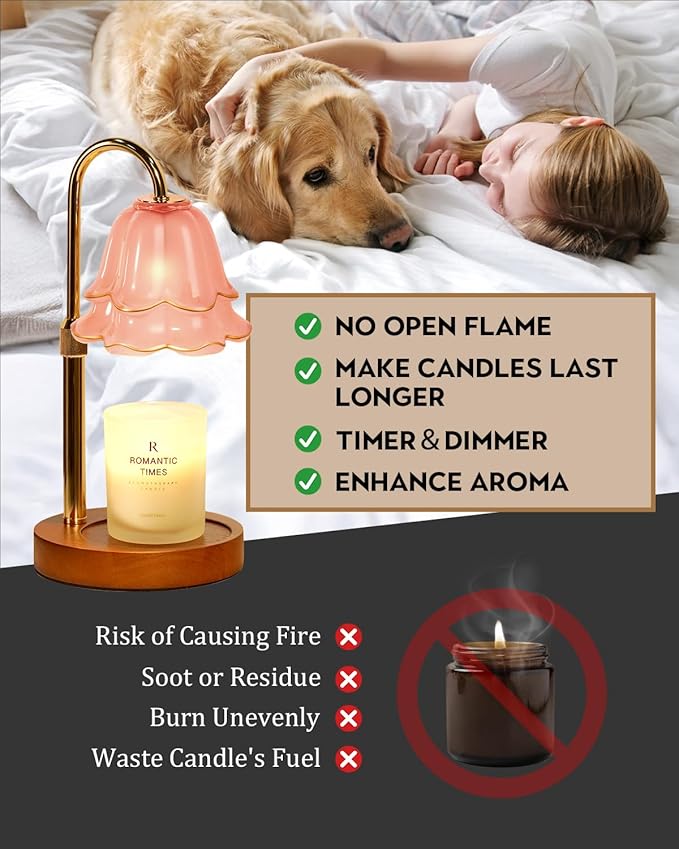 Pink Candle Warmer Lamp with Timer & Dimmer, Adjustable Height Mothers Day Birthday Gifts for Women Mom, Flower Candle Lamp Warmer, Wax Warmer with 2 Bulbs, House Warming New House Decorations