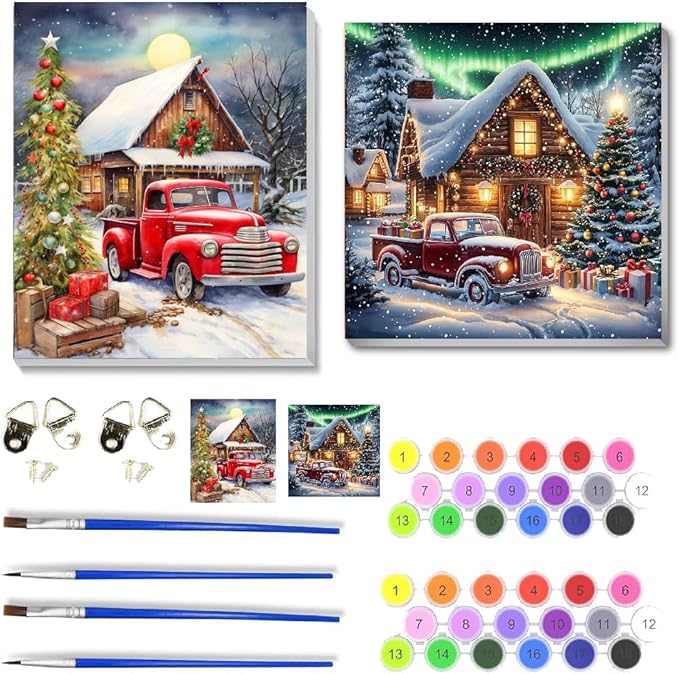 2 pack Christmas Paint by Numbers Kit for Adults Beginner With Framed,Winter Truck Easy Adult Paint by Number Kits on Canvas DIY Painting for Beginners Art by Numbers for Home Wall Decor 10x12 Inch