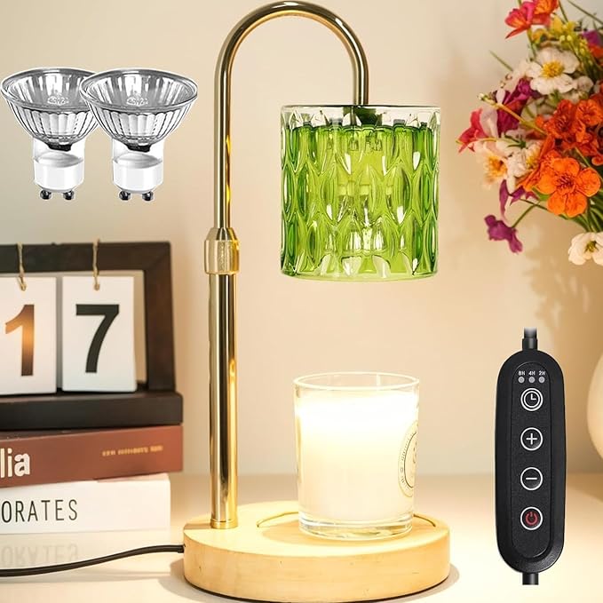 Candle Warmer Lamp with Timer and Dimmable, Electric Wax Melt Warmers Height Adjustable with 2 Bulbs, Christmas Gifts for Women Mom House Warming, Modern Home Decor for Scented Jar Candles Green