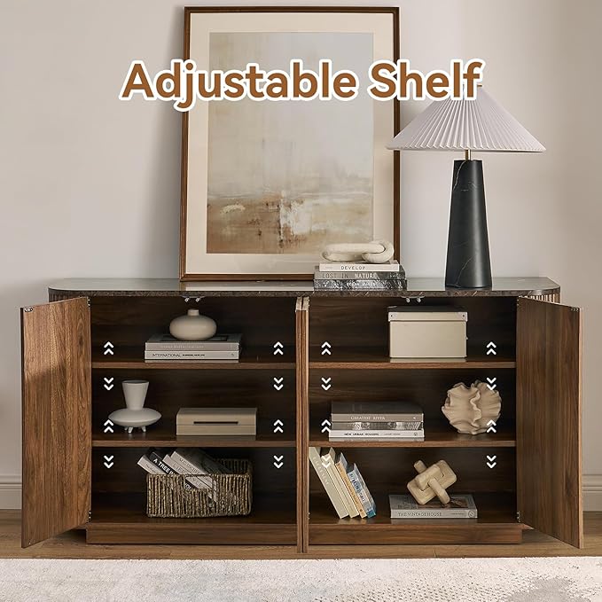 64" Sideboard Buffet Cabinet with Storage, Modern Fluted Credenza with Adjustable Shelves, Wood Faux Marble-Top Coffee Bar Console Table for Living Room Kitchen Dining Room, 31.5" H, Walnut
