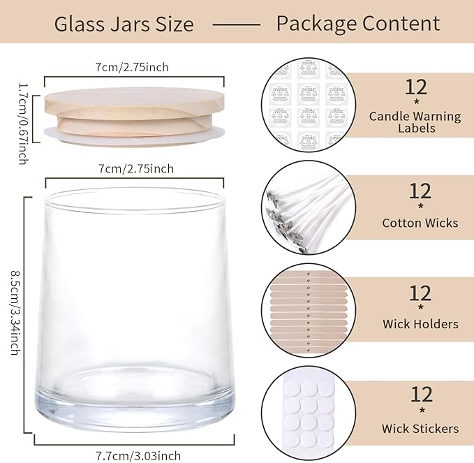 DARJEN 12 Pack Clear Candle Jars for Making Candles- 9 OZ Empty Glass Candle Making Jars with Making Kits, Candle Making Supplies Candle Containers for Home DIY & GIFS