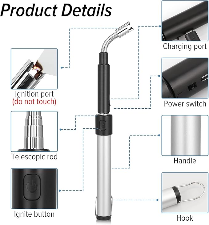 Electric Arc Flexible Neck Long Lighter,Retractable Length 11.4in to 27.55in,Rechargeable Windproof USB Lighter,360° Rotated Ignition Port, Lighters for Candle Fireplace Pilot Light BBQ Grill Silver