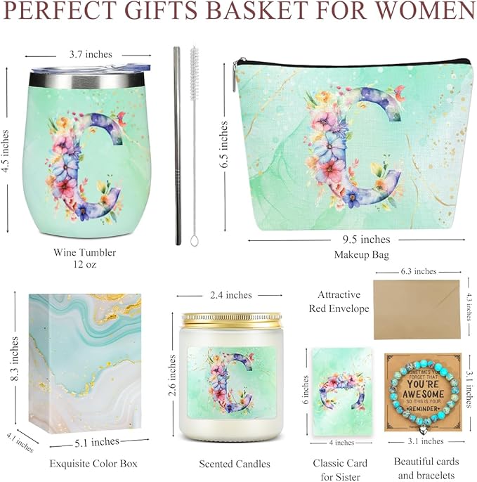 Personalized Gifts Monogrammed Birthday Gifts for Women, Cowerker Bride Wife Sister Wedding Christmas Initial Wine Tumbler Makeup Bag Scented Candle Bracelet Set, (Aesthetic Green Flower C)